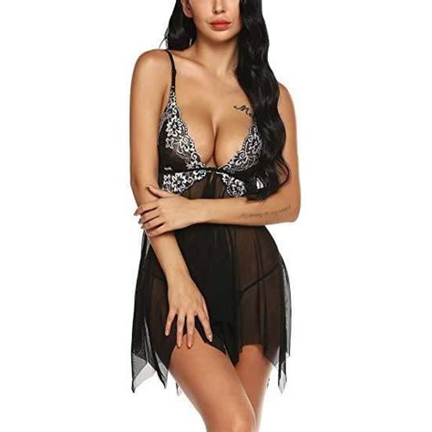 Lingerie Sexy pour Femme Nuisette en Dentelle en Maille Vêtements de Nuit Noir Noir Cdiscount