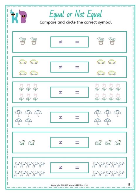 Equal Or Not Equal Kindergarten Worksheets