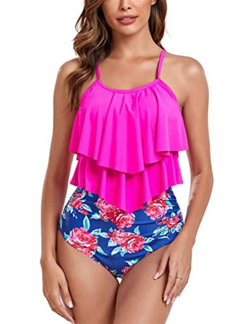 FLYILY Tankini High Waist Damen Zweiteiliger Bikini Set Badeanzug Rüschen Bedruckt Bademode mit