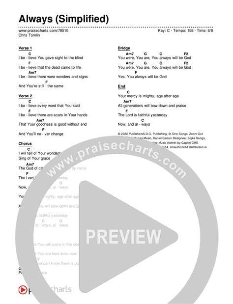 Always Simplified Chords Pdf Chris Tomlin Praisecharts