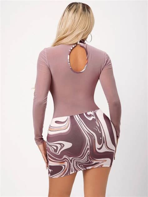 Shein Cut Out Back Mock Neck Marble Print Bodycon Dress Pink Shop