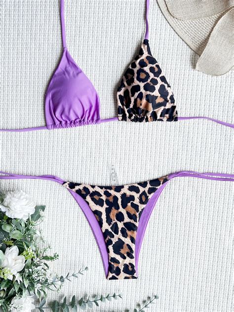 Custom Bikini Set Logo Tie Up Two Piece Sexy Halter Leopard Color Block Swimwear Women S Bra