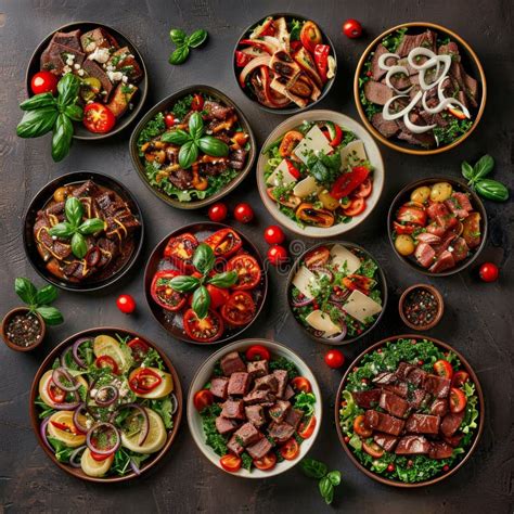 Spicy Salads Set Salat Collection With Beef Meat And Vegetables Salats