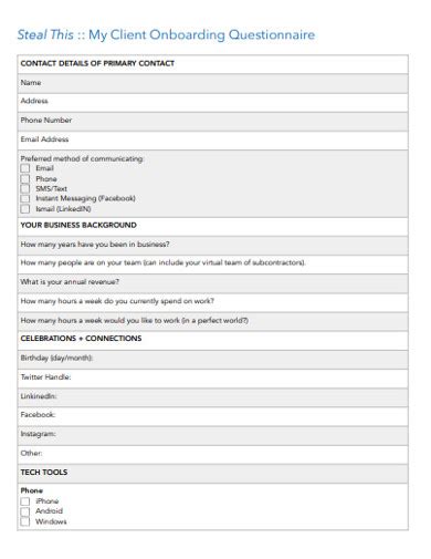 Client Onboarding Questionnaire Examples Format Pdf