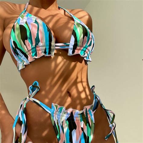 Colorblock Triangle Halter Neck Bikini Swimsuit Thongs Beach Inspire Uplift