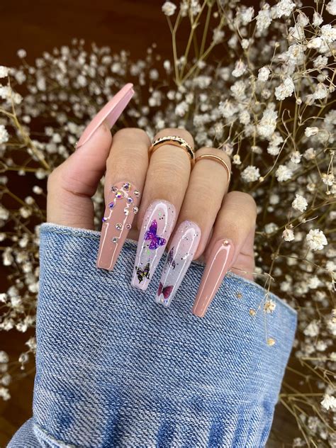 Nude Butterfly Nails Design Press On Nails Rhinestone Nails Etsy