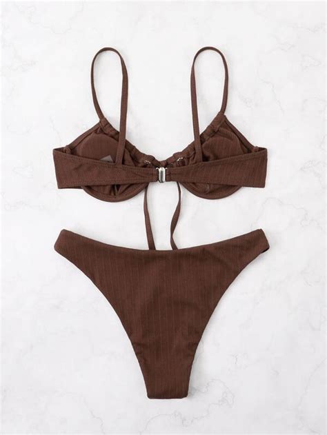Shein Swim Basics Rib Tie Front Underwire Bikini Swimsuit Shein