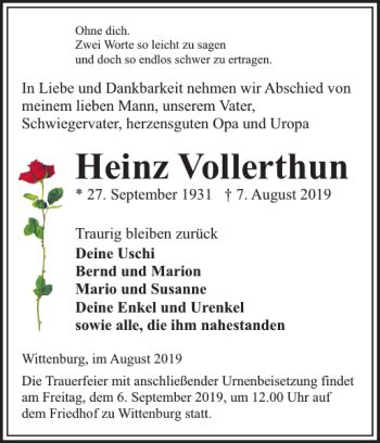 Traueranzeigen Von Heinz Vollerthun Trauer Nordkurier