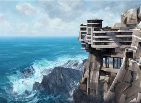 Krea Ai Villain Brutalist Big Base Of James Bond Coastal