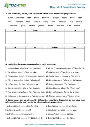 Dependent Prepositions ESL Activities Games Worksheets