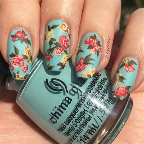 Vintage Floral Rose Spring Blue Nails Nail Art Pattern Flower Nail