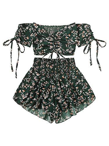 Shein Women S Boho Floral Two Piece Outfit Off Shoulder Drawstring Crop