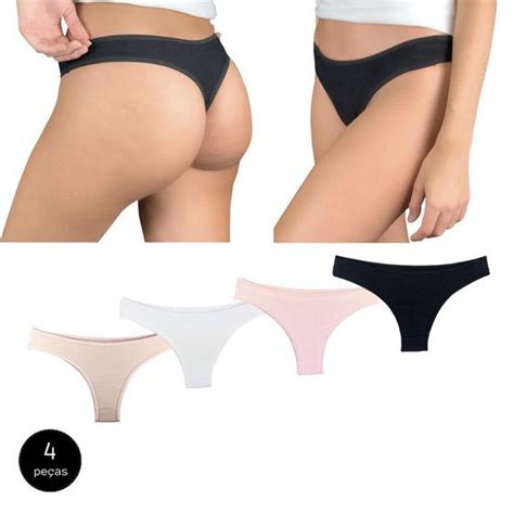 Kit 4 Calcinhas Fio Dental Try Basics Algodão Cotton Básica Lisa Moda Lingerie Calcinha