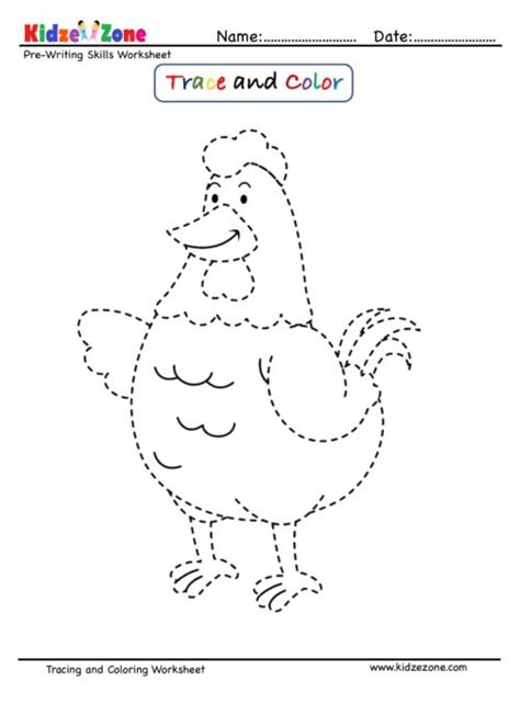 Hen Cartoon Trace And Color Worksheet Kidzezone