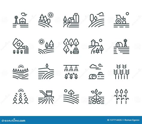 Farming Landscape Line Icons Rural Houses Planting Vegetables And