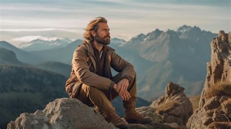 Un Hombre Se Sienta En Una Roca Frente A Una Cordillera Foto Premium