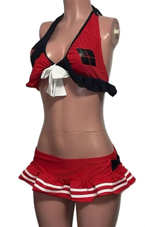 DC Comics Harley Quinn Costume Ruffles Halter Bikini Costume Set NWTS Padded Bow EBay