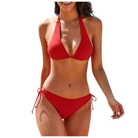 Dorkasm Women S String Two Piece Halter Top Triangle Bikini Set With Tie Side Bottom Sexy