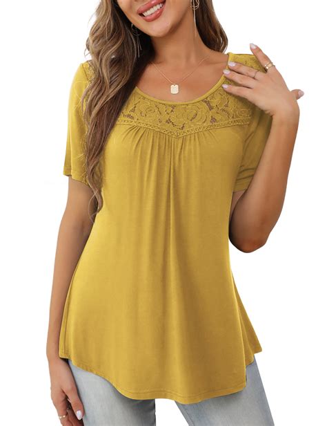 A Jesdani Womens Tops Plus Size Short Sleeve Yellow Shirts Lace Pleated