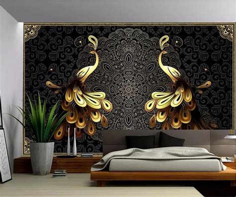 Beibehang Custom Large 3D Mural Luxury European Black Gold Peacock