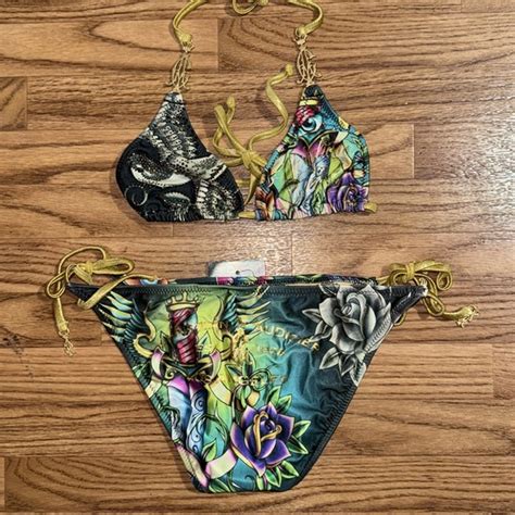Christian Audigier Swim Y K Christian Audigier Size Large Mcbling Sexy Gold String Bikini