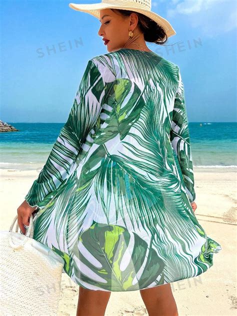 Shein Vcay Conjunto De Mai Bikini Feminino Estampa Tropical De Planta Shorts Cheeky