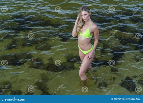 Lovely Blonde Bikini Model Posing Outdoors On A Caribbean Beach Stock Photo Image Of Modern