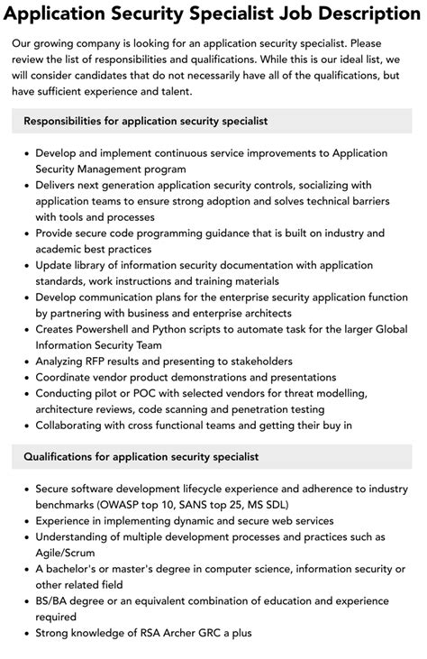 Application Security Specialist Job Description Velvet Jobs