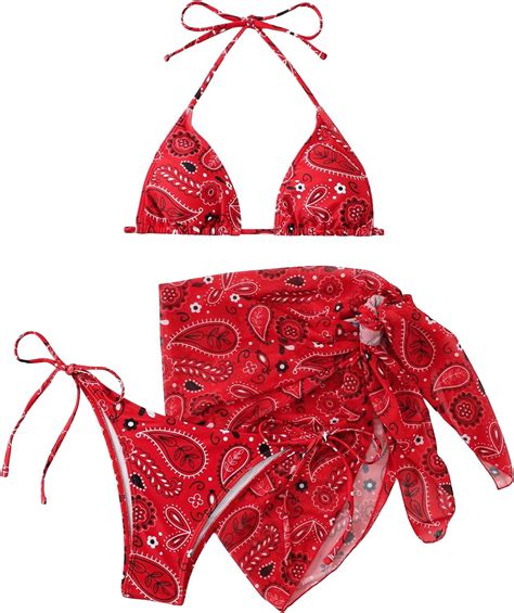 Bikini Sets For Women Paisley Print Halter Triangle Bathing Suit Piece Swimsuit With Sarong