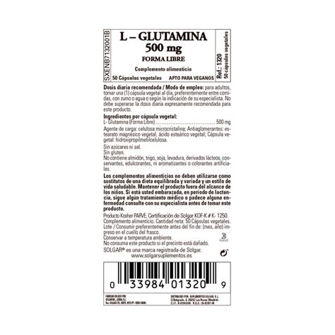 Solgar L glutamina 500 mg 50 Cápsulas Vegetales