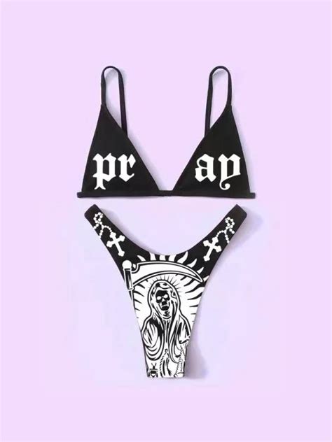 Sexy Girl Statement Printed Spaghetti Strap High Cut Triangle Bikini Two Piece Sets Swimwear