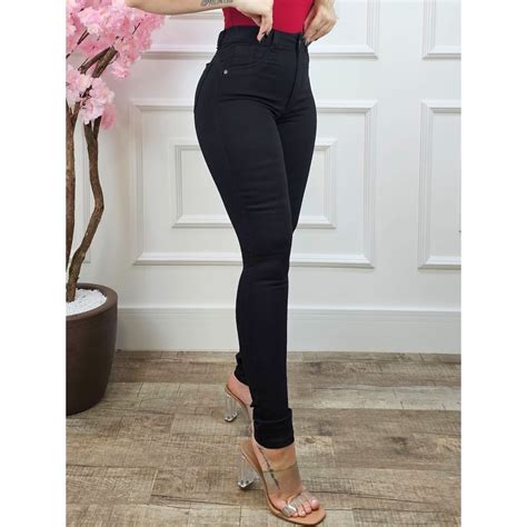 Cal A Jeans Feminina Cintura Alta Preta Elastano Lycra Levanta Empina Bumbum C S Alto Hot Pants