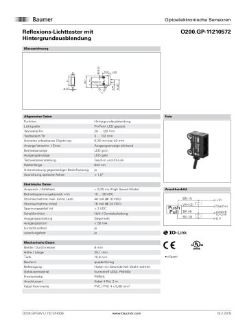 Baumer O200.GP-GW1J.72CV/H006 Diffuse sensor Datenblatt | Manualzz