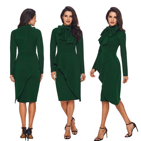 Asymmetric Peplum Style Pussy Bow Midi Long Sleeve Dress