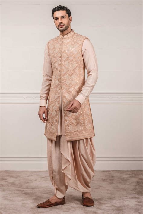 Buy Tarun Tahiliani Beige Katan Silk Embroidered Sherwani And Dhoti