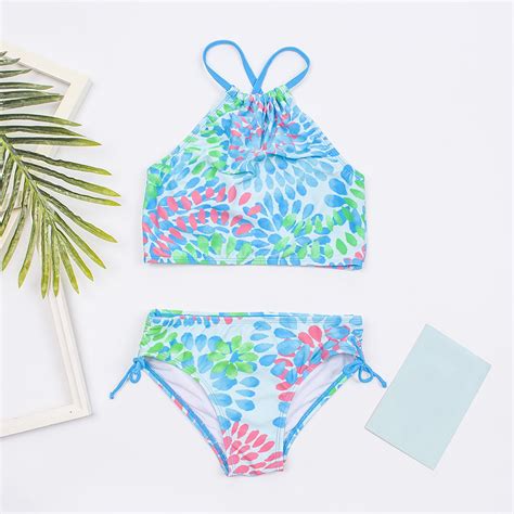 Uublik Bikini Girls Fashion Cute Flowers Print Ruffles Bikini Swimsuit Set Sizes T