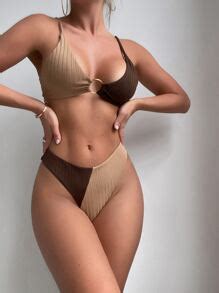 Shein Swim Vcay Conjunto De Bikini Acanalado Con Bloques De Color Sujetador De Tirantes Con Aros