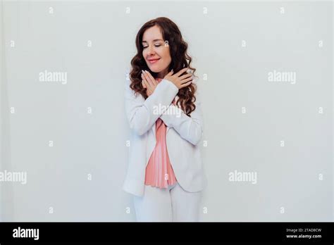 Beautiful Woman Brunette Emotion Portrait On White Background Stock Photo Alamy
