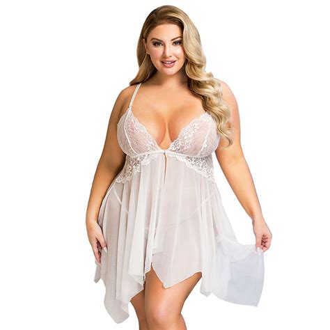 Plus Size White Sexy Lingerie Babydoll Lace Mesh V Neck Pajamas Sleepwear Shop Today Get It