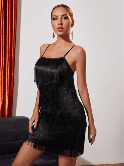 Shein Bae Layered Fringe Trim Satin Cami Dress Shein Usa