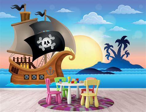 Pirate Ship Near Small Island 4 Wall Mural Wallpaper Canvas Art Rocks