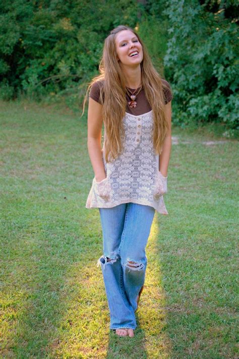 Lace Tunic Brown Shirt Distressed Denim Jeans And Long Loose Hair