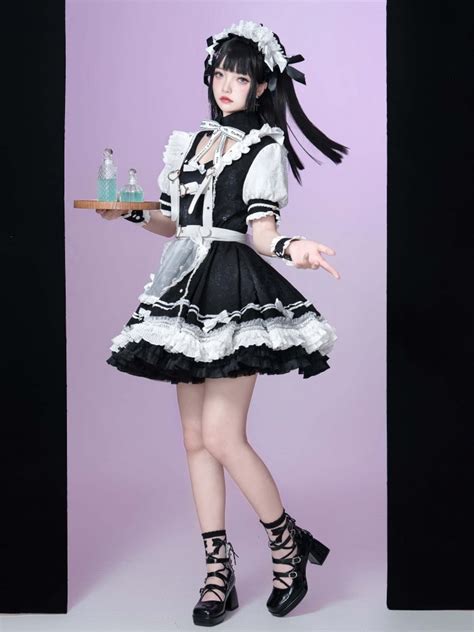 Black and White Punk Maid Dress Short One Piece + White Apron