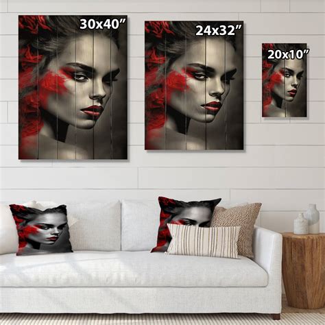 Designart Vintage Sensuality In Red And Black I Woman Sensual Print On Natural Pine Wood Bed