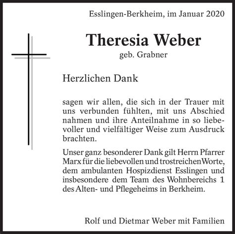 Traueranzeigen Von Theresia Weber Zeit Des Gedenkens De