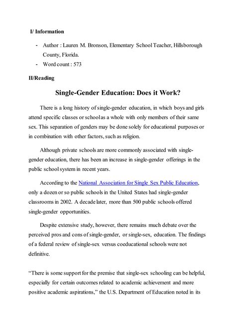 Reading Single Sex Education Docx