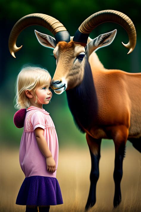 Lexica A 3 Year Old Blonde Girl With A Hat Petting A Cute Ibex Photorealistic