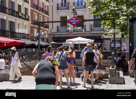 Closeup Of The Chueca Neighborhood In Madrid Decorated During Gay Pride Day Celebrations Stock