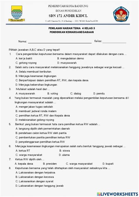 Uh Pkn Tema 4 Kelas 5 Worksheet Live Worksheets