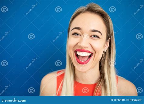 Happy Emotional Beautiful Blonde Woman Stock Photo Image Of Background Laughing 167401816